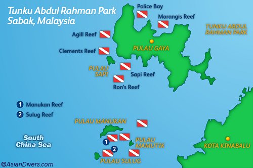 Dive the Tunku Abdul Rahman Park near Kota Kinabalu Map